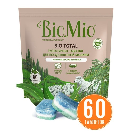БиоМио Экологичные таблетки Bio-Total 7-в-1 с эфирным маслом эвкалипта для посудомоечной машины, 60 шт (BioMio, Стирка)